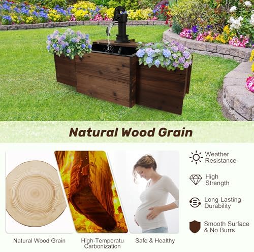 Outdoor Wooden Rectangular Pump Water Fountain with Flower Box