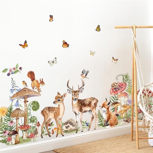 Decalmile Woodland Animals Wall Decals Deer Fox Mushroom Butterfly Stickers