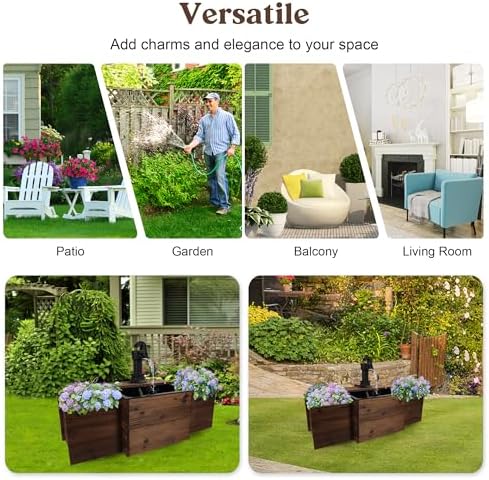 Outdoor Wooden Rectangular Pump Water Fountain with Flower Box
