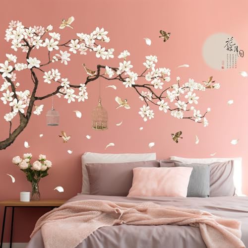 Chinese Style White Flowers Black Tree Wall Decals 50x74 Inch