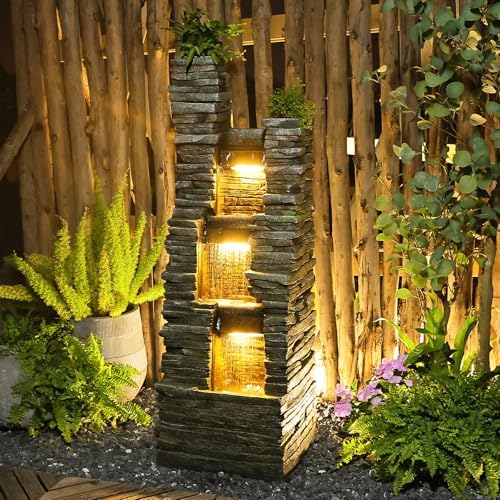 47 Inch Gray Outdoor Fountain With LED Lights And Pump