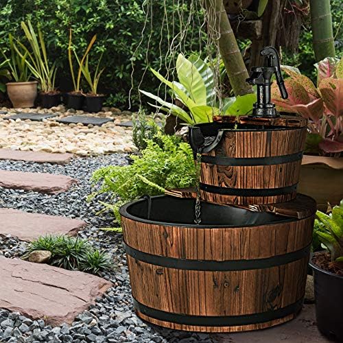 Giantex 2-Tier Barrel Waterfall Fountain Outdoor