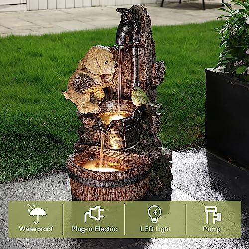 LuxenHome Whimsical Puppy Dog Water Fountain Outdoor with LED Lights