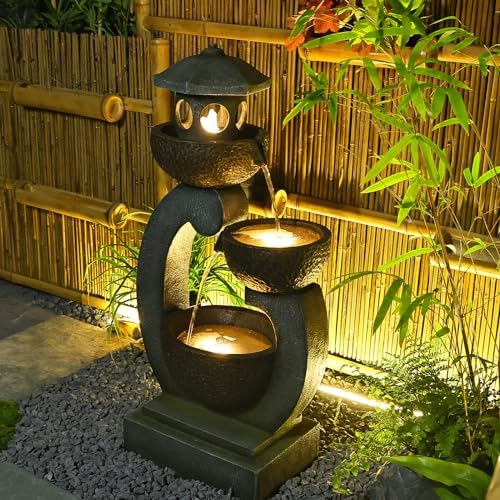 Modern Zen Outdoor Water Fountain with LED Lights and Pump