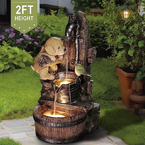 LuxenHome Whimsical Puppy Dog Water Fountain Outdoor with LED Lights