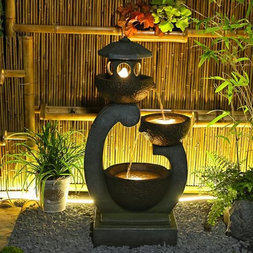 Modern Zen Outdoor Water Fountain with LED Lights and Pump